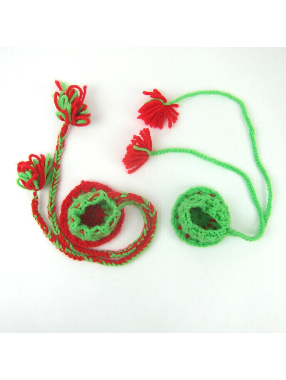 Vintage Handmade Crocheted Christmas Door Knob Covers Red Green Tassels Lot Of 2